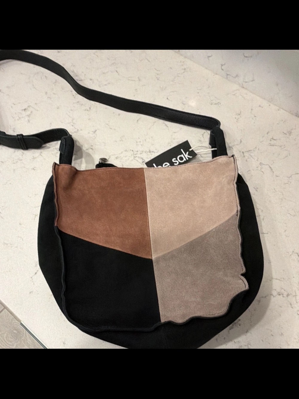 The Sak Los Feliz Women's Black Crossbody Bag with Multi-Tone Suede Patchwork